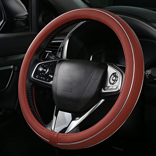 ALEMODR Claret Leather Steering Wheel Cover Fiber Strip Car Steering Wheel Cover Universal 15 inch for Women Girls - color: Claret