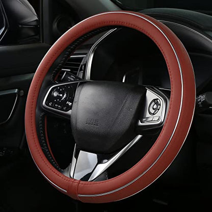 ALEMODR Claret Leather Steering Wheel Cover Fiber Strip Car Steering Wheel Cover Universal 15 inch for Women Girls - color: Claret