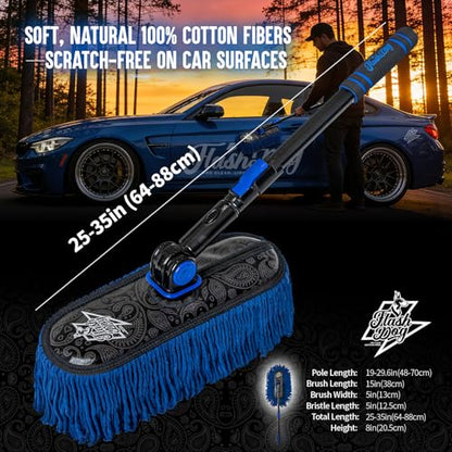 Flash Dog Car Duster Exterior - Wax Treated Cotton & Extendable Aluminum Alloy Handle Scratch Free Cleaning Brush for Cars, Trucks, SUVs, RVs, Motorcycles | Waterless Dust & Pollen Remover - color: Blue