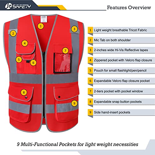 JKSafety 9 Pockets High Visibility Zipper Front Safety Vest With Reflective Strips,Meets ANSI/ISEA Standard (Medium, 150-Red) - color: Red, size: Medium