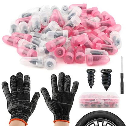 Tire Repair Plugs 60PCS, Screw Type Emergency Puncture Repair Kit with Screwdriver and Gloves for Car Truck Motorcycle Tubeless Tires