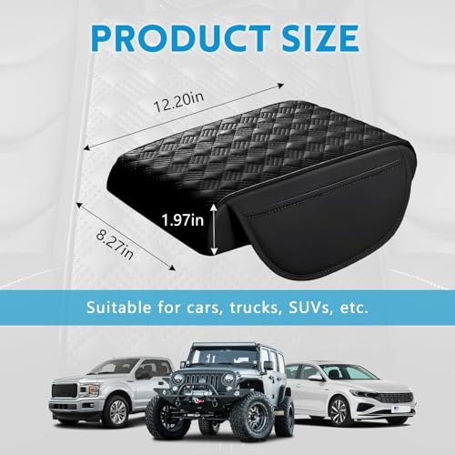 wuyaoyao Car Center Console Cover, 12.2"×8.27"×1.97" Leather Center Console Protector, Auto Armrest Pad with 2 Storage Pocket, Universal Armrest Cover Cushion for Most Cars, Trucks, SUVs (Black) - color: Black