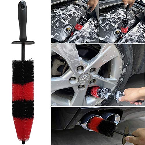 7Pcs Wheel & Tire Brush, car Detailing kit, 17inch Long Soft Wheel Brush 5 car wash Detail Brush car wash kit for Cleans Dirty Tires & Releases Dirt and Road Grime, Short Handle - color: Red