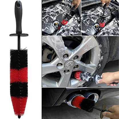 7Pcs Wheel & Tire Brush, car Detailing kit, 17inch Long Soft Wheel Brush 5 car wash Detail Brush car wash kit for Cleans Dirty Tires & Releases Dirt and Road Grime, Short Handle - color: Red