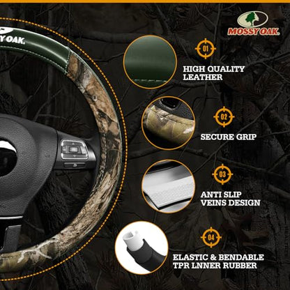 Mossy Oak Camo Steering Wheel Cover, Durable Grip Car Steering Cover, Universal Fit 14.5"–15.5" - Made with Premium Green PVC Leather and Cotton Fabric, Anti-Slip - Official Licensed Product - color: Green