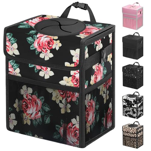 Capolo Car Trash Can with Lid, Leakproof Car Trash Bag Hanging Waterproof Automotive Garbage Can with Storage Pockets Mini Vehicle Trash Bin for Back/Front Seat(Flower,2.5 Gallon) - color: Flower, size: 2.5 Gallons