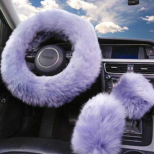 Yontree Fashion Fluffy Steering Wheel Covers for Women/Girls/Ladies Australia Pure Wool 15 Inch 1 Set 3 Pcs (Gray) - color: Gray, size: Long Wool
