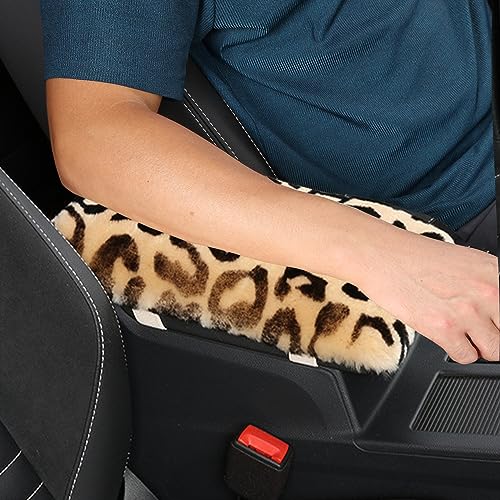 Genuine Sheepskin Center Console Cover Pad Genuine Furry Fluffy Wool Fur Car Armrest Cover Protector Universal Fit for SUV/Truck/Car - color: Shearling-Beige Leapord