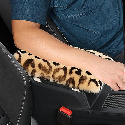 Genuine Sheepskin Center Console Cover Pad Genuine Furry Fluffy Wool Fur Car Armrest Cover Protector Universal Fit for SUV/Truck/Car - color: Shearling-Beige Leapord