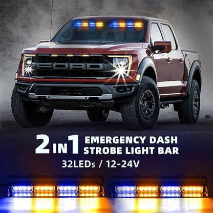 2 in 1 LED Emergency Dash Strobe Light Bar Front/Rear Windshield Safety Flashing Warning Hazard Interior Lights for Police Firefighter Construction Vehicles Trucks (2x14 inch, Amber/Blue) - color: #12 Amber/Blue