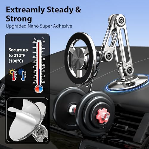 Ultra Magnetic Long-Arm Phone Holder Stand, Fits for MagSafe Car Mount Bracket【Windshield+Vent+Dash】, 360° Rotation Adjustable Strong Magnet Car Mount Desk Office Phone Cradle Holder, Silver - color: Silver