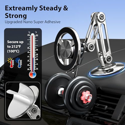 Ultra Magnetic Long-Arm Phone Holder Stand, Fits for MagSafe Car Mount Bracket【Windshield+Vent+Dash】, 360° Rotation Adjustable Strong Magnet Car Mount Desk Office Phone Cradle Holder, Silver - color: Silver