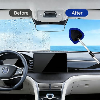 Microfiber Car Windshield Cleaning Tool with Extendable Handle,Car Defogging Glass Cleaning Brush with 4 Reusable Microfiber Pads 1 Spray Bottle and 1 Car Dust Removal Brush. (Blue) - color: blue