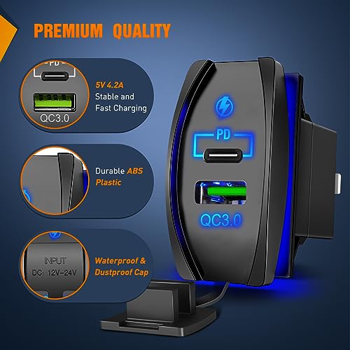 Nilight Rocker Switch Style USB Outlet Socket Fits Panel 4.2A PD Type C and QC 3.0 12V 24V Fast Socket Dual Outlets Port for Cars Boats Trucks RVs - style: Type C + USB