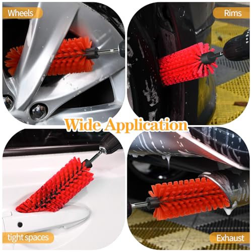 Drill Brush for Car Wheel and Bottle, Highly Dense and Durable Car Cleaning Brush for Wheels, Rims, Engines, Exhaust, Bottle - color: 1 Pack Red