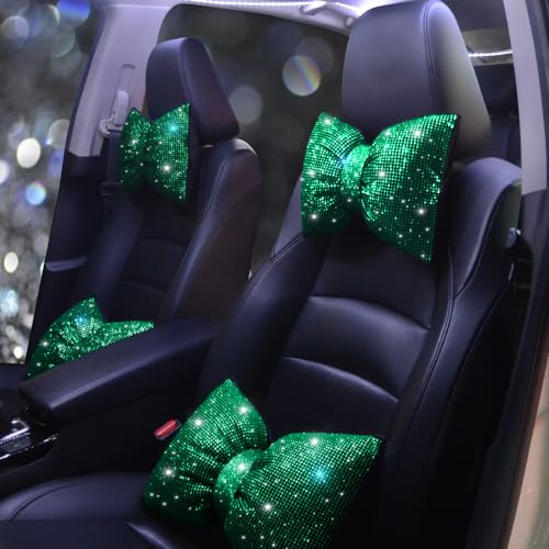 Bling Car Pillows Rhinestones Bowknot Neck Cushion Pillowsdiamond-Studded Headrest Accessories for Women Colourful Rhinestone Car Accessories Green 2Pcs - color: Green