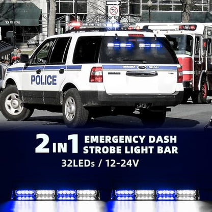 2 in 1 LED Emergency Dash Strobe Light Bar Front/Rear Windshield Safety Flashing Warning Hazard Interior Lights for Police Firefighter Construction Vehicles Trucks (2x14 inch, Blue/White) - color: #06 Blue/White