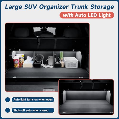 Trunk Organizer SUV with LED Light, Waterproof Leather Car Trunk Storage Organizer with Lights, Large Capacity Sturdy Car Storage Box Powered by 4 AA Batteries (Batteries Not Included) - size: LED-Lit Upgrade