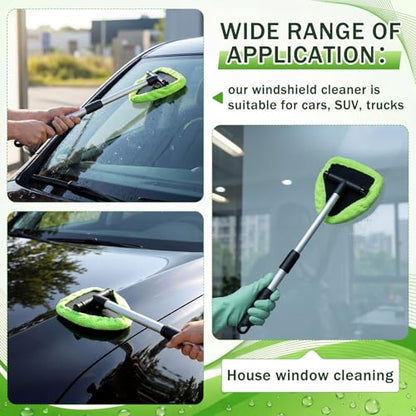FoldTier 8 Pcs Car Windshield Cleaner Kits with Extendable Handle, 5 Microfiber Towel Pads, 1 Brush, 1 Empty Spray Bottle for Auto Glass Wiper Suvs Rvs & Home Windows (Green) - color: Green