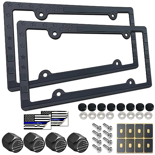 Aootf American Flag License Plate Frames- Patriotic Black USA Stars and Stripes Flag Car Tag Frame, 2 Pack 4 Hole Thin Plastic Holder for Front and Rear, Screws Caps, Auto Accessories - color: US Flag-Plastic