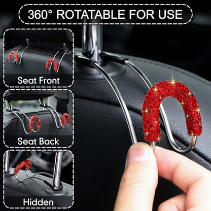 Soleebee 2 Pack Bling Car Headrest Hooks Crystal Rhinestones Universal Car Seat Hook Auto Hook Durable Car Back Seat Hangers Storage Organizer (Red) - color: Red