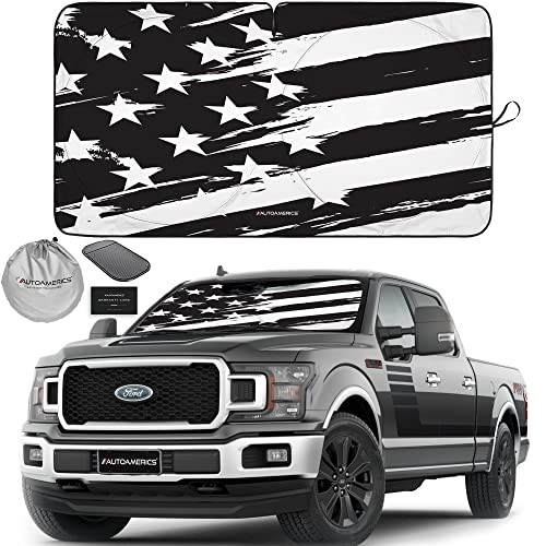 Autoamerics Truck Windshield Sun Shade with Storage Pouch & Anti-Slip Dash Pad - Foldable B&W Art USA Flag Design - Fits Most SUVs & Trucks - Block UV Rays and Keeps Vehicle Cool | XL (66 x 36 inches) - color: USA B&W ART FLAG, size: X-LARGE = 66 x 36 inc