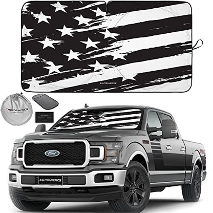 Autoamerics Truck Windshield Sun Shade with Storage Pouch & Anti-Slip Dash Pad - Foldable B&W Art USA Flag Design - Fits Most SUVs & Trucks - Block UV Rays and Keeps Vehicle Cool | XL (66 x 36 inches) - color: USA B&W ART FLAG, size: X-LARGE = 66 x 36 inc