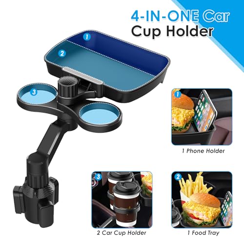 Biupky Car Cup Holder Expander, 4-in-1 Universal Cup Holder Tray Compatible with 2.6" to 3.94", Multi Cup Holders Table with Large Food Tray Phone Mount, for Travel Auto Trucker Road Trip Essentials