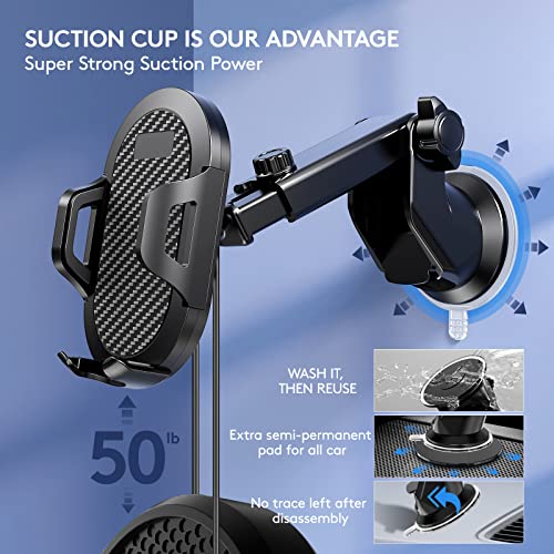 Car Phone Holder Mount, [Strong Suction Cup] [Military Grade Durable] for Windshield and Dashboard, Adjustable Long Arm Compatible with iPhone 17 16 15 14 Pro Max and All Smartphones,Black