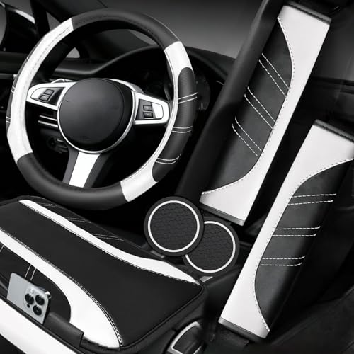 NBTEPEM 6 Pcs White Car Accessories Set, Sport Leather Steering Wheel Cover 14.5-15inch Universal, Microfiber Leather Car Center Console Cover, Seat Belt Cushion, Cup Holder Coaster (Black-White) - color: White, size: Steering Wheel Cover Set