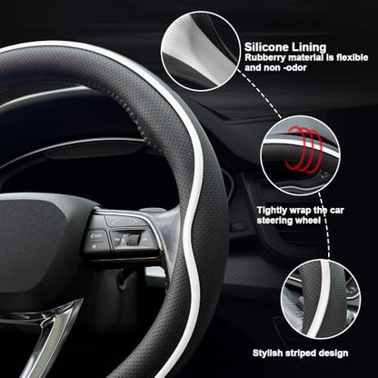 HAOTULE Leather Steering Wheel Cover， with Anti-Slip Stripe Design - Enhanced Grip, Fashion Style, Safe, Non-Slip, Breathable. Upgrade car Interior，Black White - color: Black White