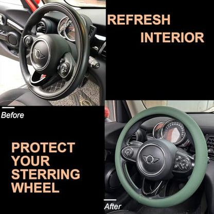 PINCTROT Nappa Leather Steering Wheel Cover, Slim Fit No Bulk Design, One Piece Leather with Breathable Perforation, Fit Like Gloves, Universal 14.5-15 Inch(Nappa Green) - color: 11.Green, size: Medium(Standard) Size[14 1/2''-15'']