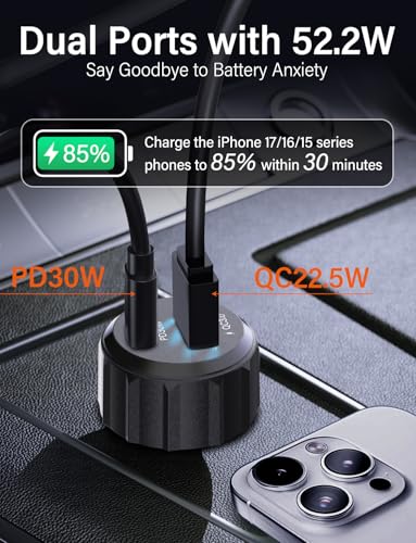 [2-Pack] Car Lighter USB Adapter, 52.5W Dual Port USB Car Charger for iPhone 17 16 Pro Max Samsung S26 S25, 30W PD Fast Charging Car Charger Adapter (Cable Included)