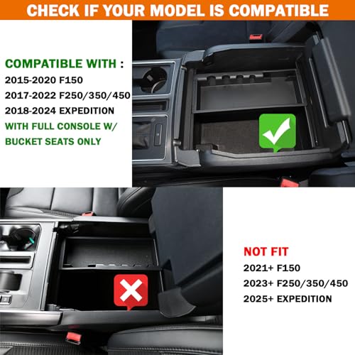 Center Console Organizer Compatible with 2015-2020 Ford F150 Accessories F250/350/450 SuperDuty (2017-2022) and Expedition (2018-2024) Armres Insert Tray, Full Console w/Bucket Seats ONLY