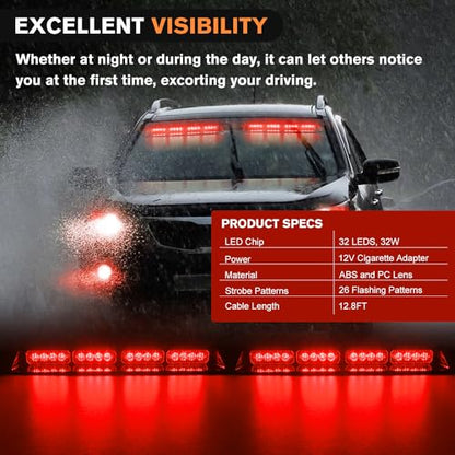 Nilight 32LED Red Emergency Dash Strobe Lights with Controller Suction Cups Warning Hazard Interior Front/Rear Windshield Deck Split Light Bar for Trucks Construction Vehicles - color: Red