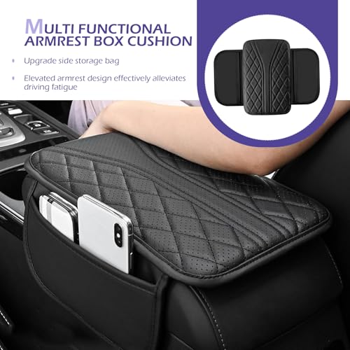 Car Center Console Cover, Leather Center Armrest Cover with Storage Bags, Automotive Heightening Console Protection Pad, Universal for Cars, Trucks, SUVs (Black) - color: Black