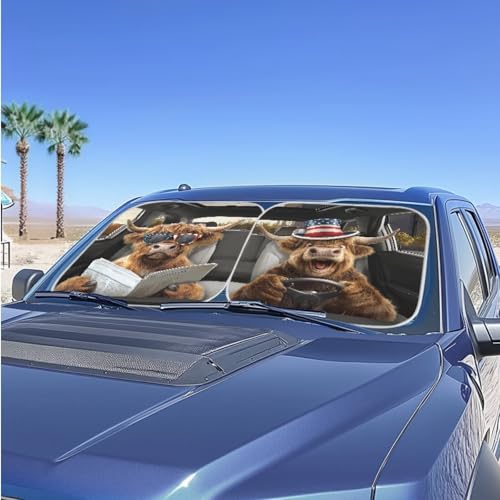 Windshield Sun Shade Sun Shield for Front Window Blocks UV Rays, Foldable Drive Highland Cow US Flag Sunshade Universal for Cars, Heat Reflector Keep Your Vehicle Cool, 2pcs - color: Drive Highland Cow US Flag