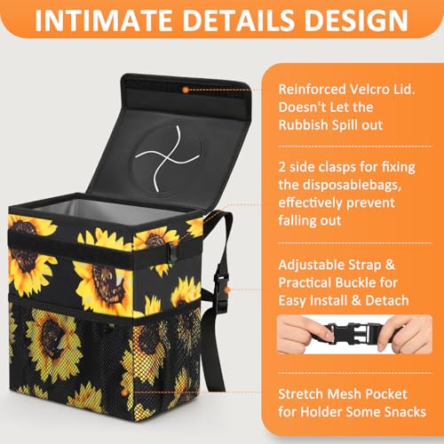 Vankor 3 Gallons Car Trash Can with Lid, Car Bag Bin Hanging Waterproof Automotive Garbage Cans Leak Proof Vehicle Trash Can Sunflower - color: Sunflower, size: 3 Gallons