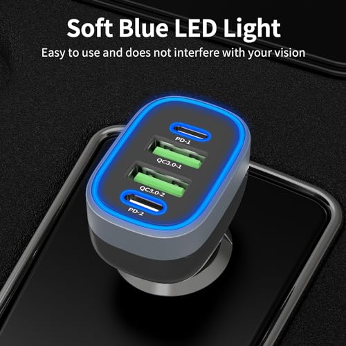 USB C Car Charger, Meagoes 4 Ports 90W Super Fast Charging, Dual 45W USBC & QC3.0 USB 12V Cigarette Lighter Adapter for iPhone 17 Air 16 15 iPad Tablet Google, Samsung S26 Android Type C Cell Phone