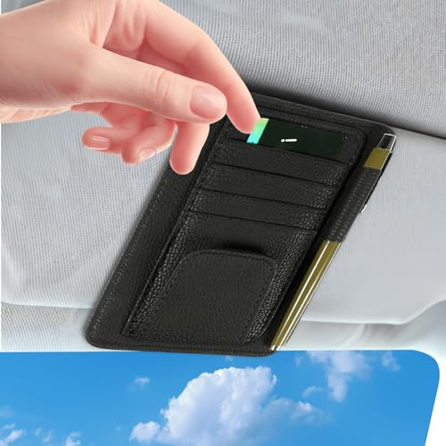 Small Leather Car Sun Visor Organizer and Insurance Card Holder, Auto Car Sun Visor Organizer, Multifunctional Auto Interior Accessories Storage Pocket for Card License Registration Document, Pen, Key