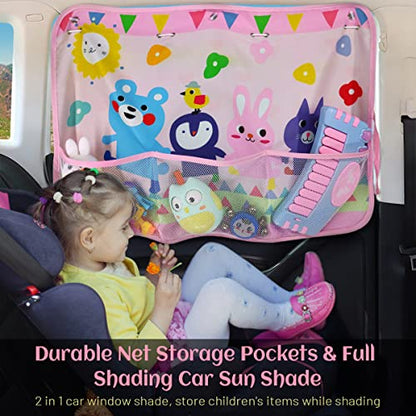 DIZA100 Car Sun Shade for Window Baby (2 Pack), Blackout Window Shades with Storage Net Pocket, 7 Suction Cups, Cute Patterns for Sun/Heat/UV Rays Block - color: Pink-Animals 2PC