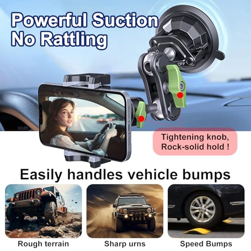 Phone Mount for car，Suction Cup Car Phone Mount，360° AdjustableMetal material ,Phone Holder for Video Recording，for Truck Camera vlogging, Mobile phone live streaming stand, no installation required