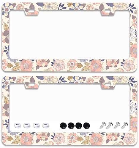 2 Pcs Retro Colorful Floral Flowers License Plate Frames - 2 Holes Stainless Steel Metal Auto Car Accessories Decoration License Plate Frame Cover Size 6.3" x 12.2" Fit US Vehicles for Women Men Gift - color: Retro Flowers
