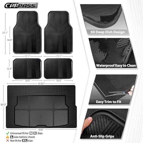 CAR PASS Universal Car Floor Mats & Cargo Liner Full Set, Waterproof Anti-Slip Rubber Trim to Fit Trunk Mats All Weather Protection Fit Car SUV Sedan Coupe Vehicle Automotive 5 Pieces, S-M Size Black - color: Black