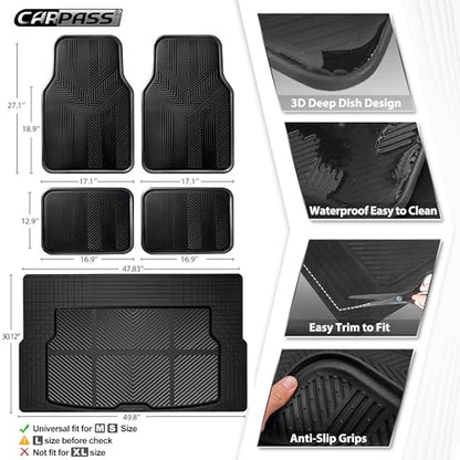 CAR PASS Universal Car Floor Mats & Cargo Liner Full Set, Waterproof Anti-Slip Rubber Trim to Fit Trunk Mats All Weather Protection Fit Car SUV Sedan Coupe Vehicle Automotive 5 Pieces, S-M Size Black - color: Black