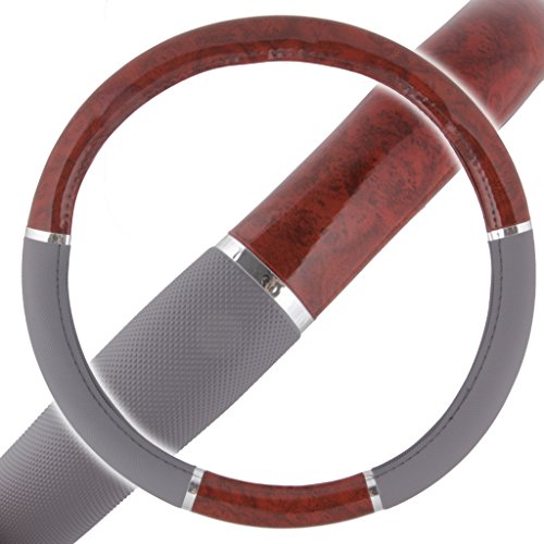 BDK Dark Wood Grain Car Steering Wheel Cover, Standard 15 inch with Gray Faux Leather Grip, Made to Fit Most Auto Truck Van SUV - color: #10 Gray / Dark Wood, size: Fits 14.5 - 15" Sw