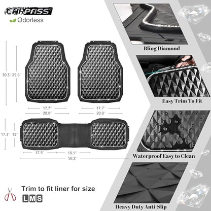 CAR PASS Bling Diamond Black Rubber Car Mats, Heavy Duty Deep Dish All-Weather Floor Mat Anti-Slip 3D Rhombus Waterproof Trim to Fit Liner Universal Glitter Sparkly Shining Rhinestone, 3 Pcs Silver - color: Silver Diamond