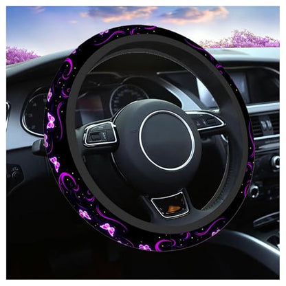 Swono Butterfly Purple Steering Wheel Cover for Men Women Abstract Purple Butterfly and Flower On The Black Universal 15 Inch Auto Neoprene Case Anti-Slip Car Wheel Protector - color: multi-049
