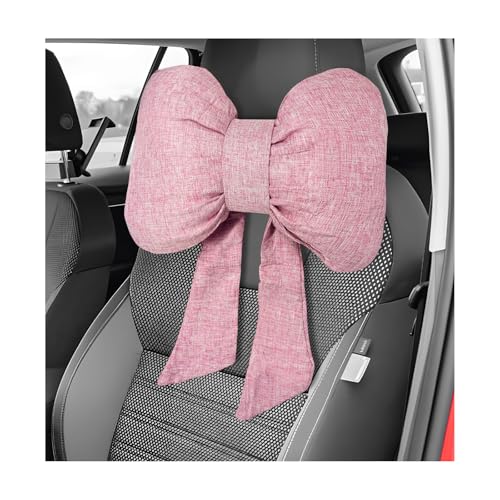 Bow Car Headrest Pillow, Breathable Ergonomic Auto Neck Cushion with Adjustable Strap, Comfy Vehicle Neck Support Pillow Cute Bow Girl-Style Decoration for Driving Seats (Pink) - color: Pink