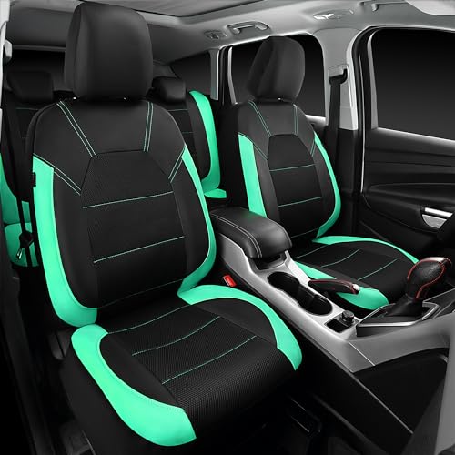 CAR PASS Leather Seat Covers, Breathable Universal Car Seat Cover Full Set for Cute Women Girly,Super 5mm Composite Sponge Inside,Airbag Compatible Fits Most Auto,SUVs,Trucks,Vans(Full Set,Black&Mint) - color: Black Mint, size: Full Set